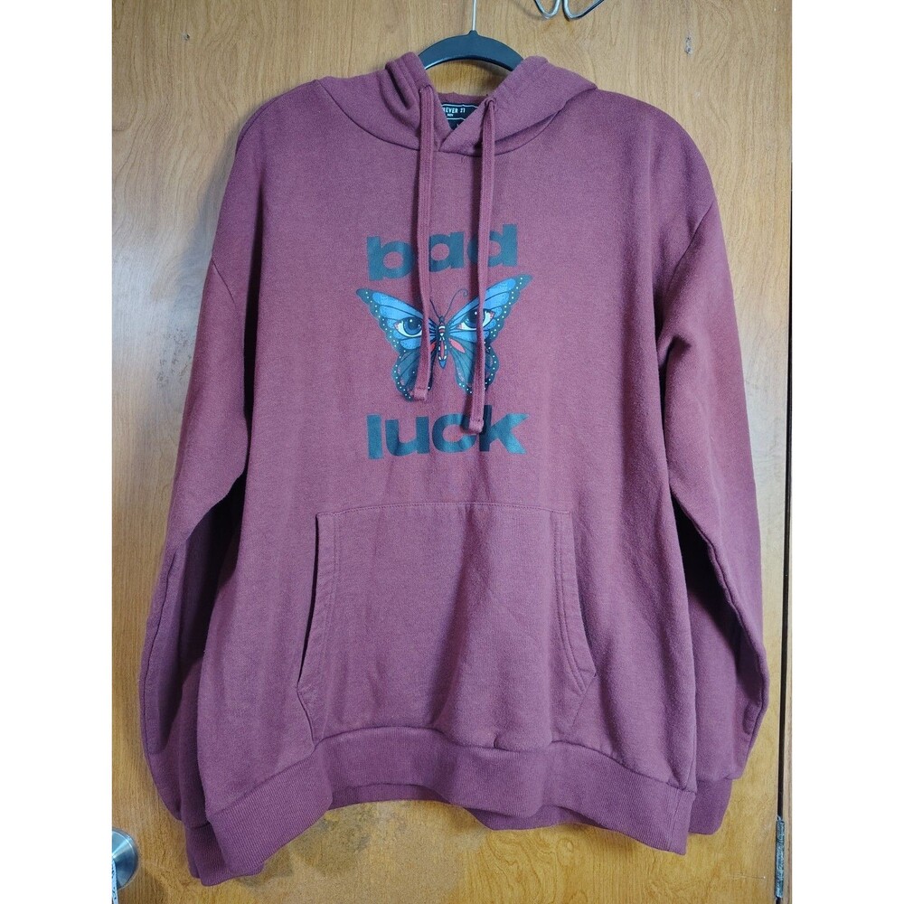 Forever 21 Pullover Hoodie Burgundy Sz L Bad Luck Butterfly Grunge Skater Urban